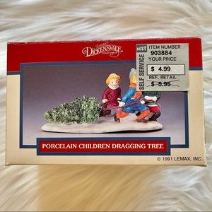 1991 VTG Porcelain Children Dragging Tree, Dickensvale Christmas Figurine